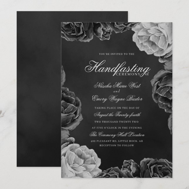 Gotische Monochrome Elegante Rose Handfasting Einladung (Vorne/Hinten)