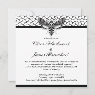 Gotische Motten-Schädel-Hochzeit – Schwarz & Weiß Einladung