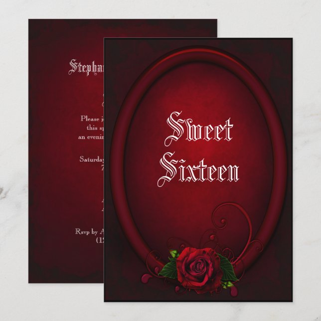 Gotische Oval Rahmen & Rose Sweet 16 Einladung (Vorne/Hinten)