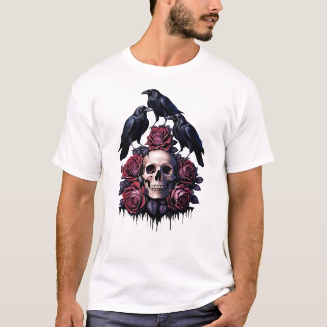 Gotische Romantik: Wo Schädel, Rose und Ravens Ent T-Shirt (Vorderseite)