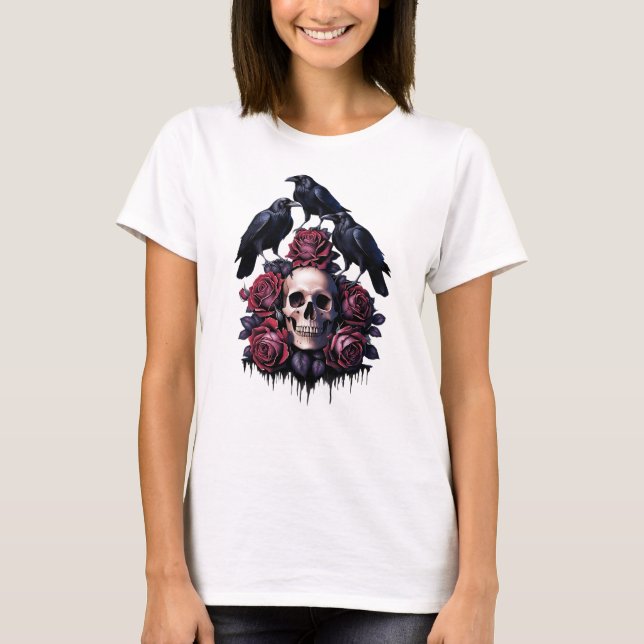 Gotische Romantik: Wo Schädel, Rose und Ravens Ent T-Shirt (Vorderseite)