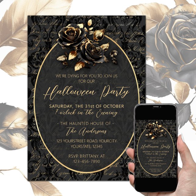 Gotische Rose aus schwarzem Gold Einladung (Black gold elegant gothic Halloween party invitation, damask pattern, black gold roses)
