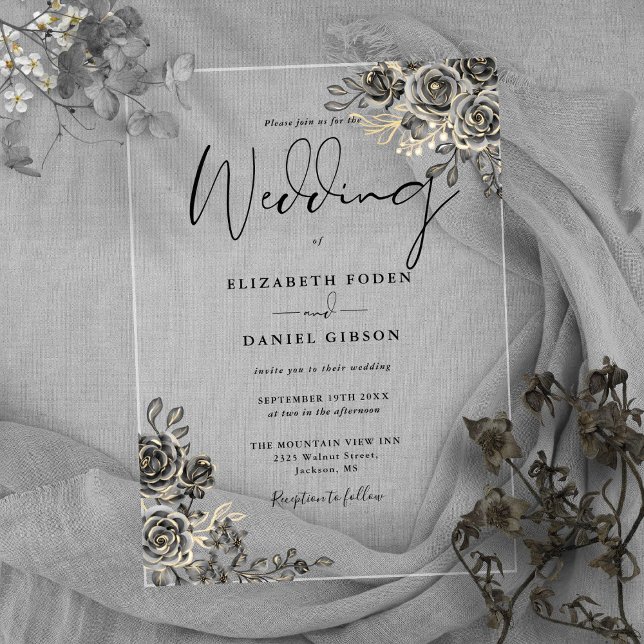 Gotische Rose Bläserschwarz und Gold Hochzeit Acryleinladungen (Gothic Roses Floral Black And Gold Wedding Acrylic Invitations)