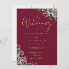 Gotische Rose Blumenburgund und Goldhochzeit Einladung