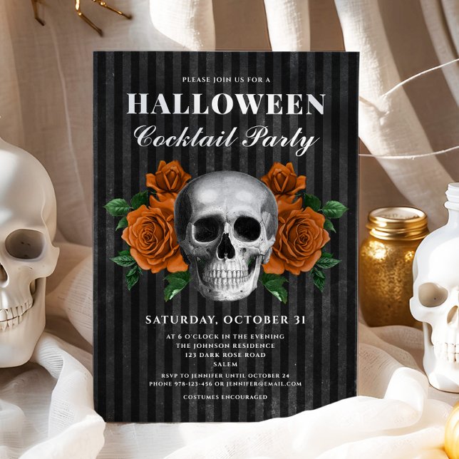 Gotische Rose Blumenschmuck Halloween Cocktail Par Einladung (Gothic Roses & Skull Halloween Cocktail Party Invitation)
