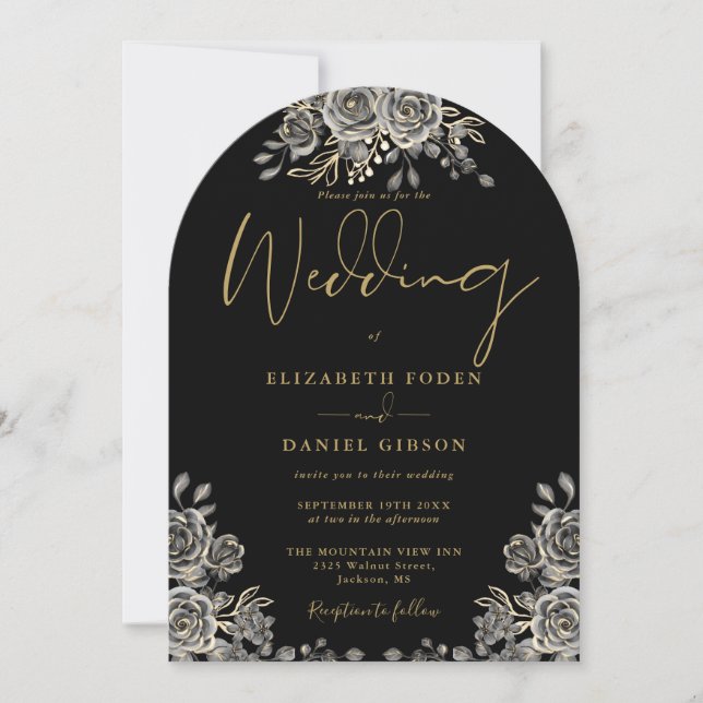 Gotische Rose Hochzeit mit Schwarz-Gold-Arch Einladung (Vorderseite)
