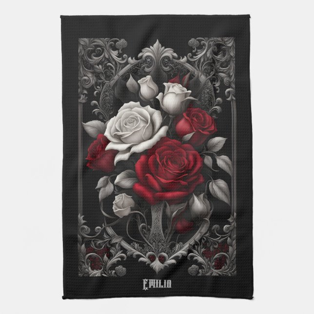 Gotische Rose in Verziertem Rahmen Geschirrtuch (Vertikal)