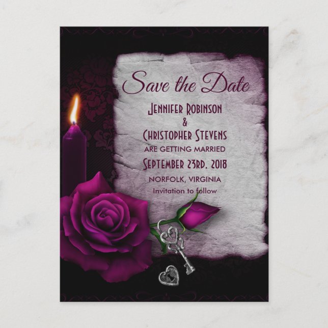 Gotische Rose, Kerze und Schlösser Save the Date Postkarte (Vorderseite)