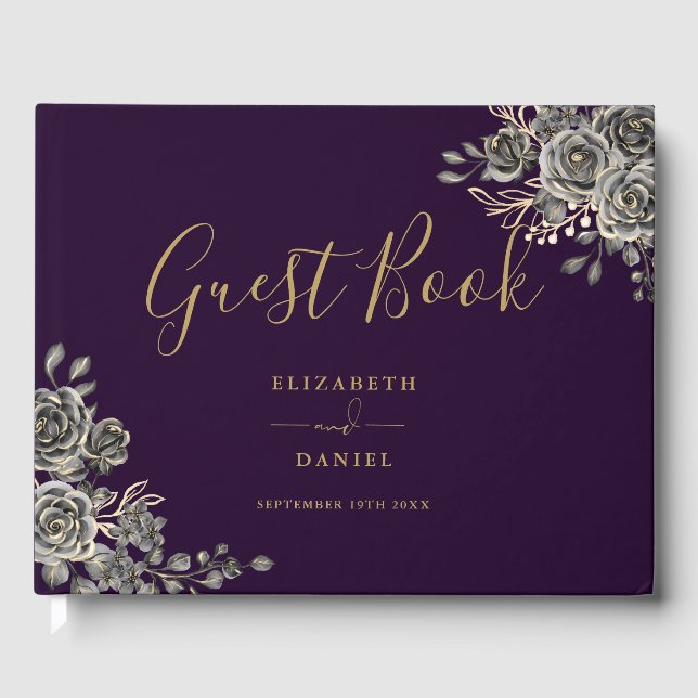 Gotische Rose mit Blumen, Lila und Goldhochzeit Gästebuch (Vorderseite)
