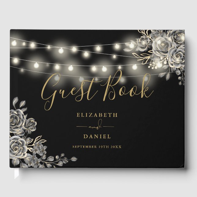 Gotische Rose Schwarz-Gold-String-Lights Hochzeit Gästebuch (Vorderseite)