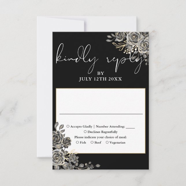 Gotische Rose Schwarz-Weiß-Hochzeit RSVP Karte (Vorderseite)