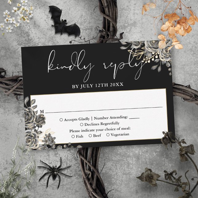 Gotische Rose Schwarz-Weiß-Hochzeit RSVP Karte (Gothic Floral Roses Black And White Wedding RSVP Card)