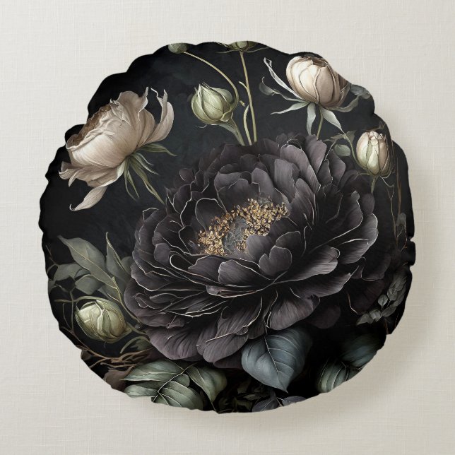 Gotische Rose Schwarze Blume Rundes Kissen (Vorderseite)