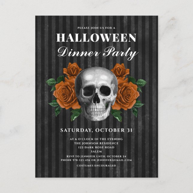 Gotische Rose & Skull Halloween Abendessen Party Postkarte (Vorderseite)