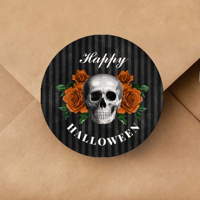 Gotische Rose & Skull Happy Halloween Runder Aufkleber (Gothic Roses & Skull Happy Halloween Classic Round Sticker)