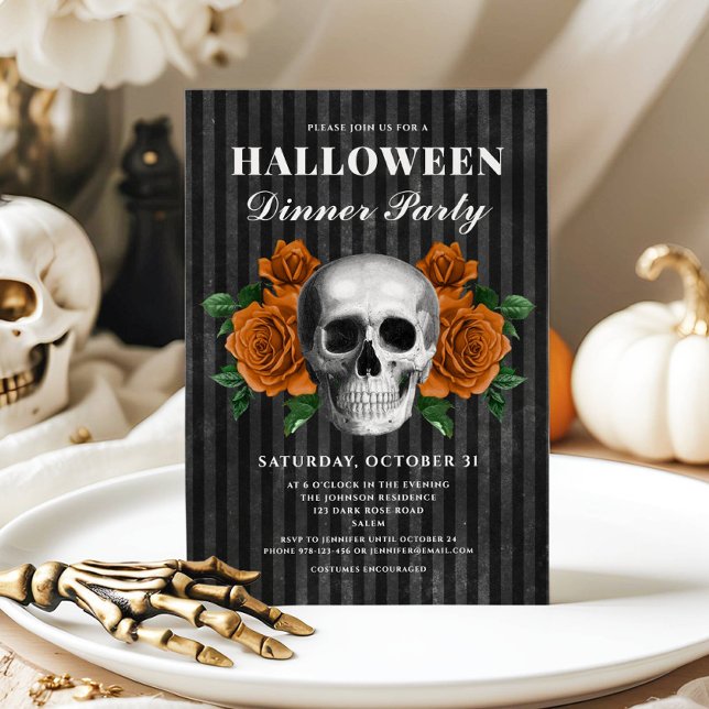 Gotische Rose und Halloween-Party Einladung (Gothic Roses & Skull Halloween Dinner Party Invitation)