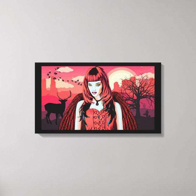 Gotische Rote Engel Frau in Wüste Original Kunst Leinwanddruck (Vorderseite)