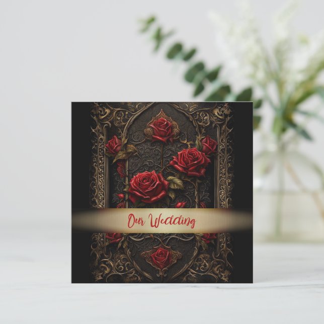 Gotische Rote Rose Hochzeitseinladung Einladung (Stehend Vorderseite)