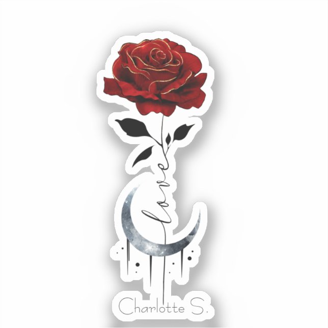 Gotische Rote Rose und Crescent Moon mit Liebe Aufkleber (Vorderseite)