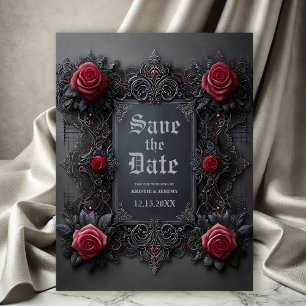 Gotische Rote Rosen auf Grau Save the Date Ankündigungspostkarte