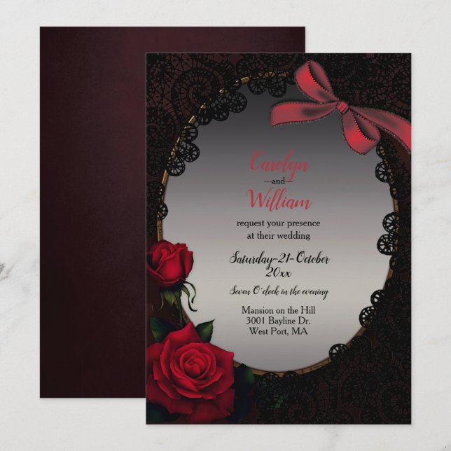 Gotische Rote Rosen und Black Lace Wedding Einladung (Vorne/Hinten)