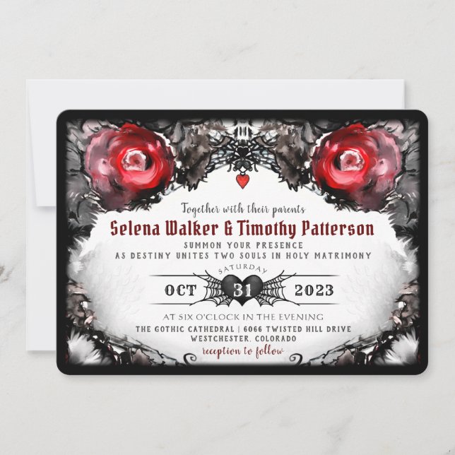 Gotische Rote Rosen und Spinnen Halloween Hochzeit Einladung (Vorderseite)