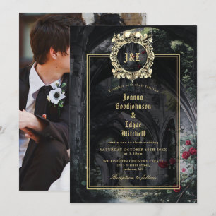 Gotische Ruinen Rosen Florales Monogramm Foto Hoch Einladung