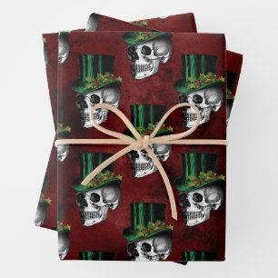 Gotische Schädel in Zylinderhüten Rot Grün Feierta Geschenkpapier Set