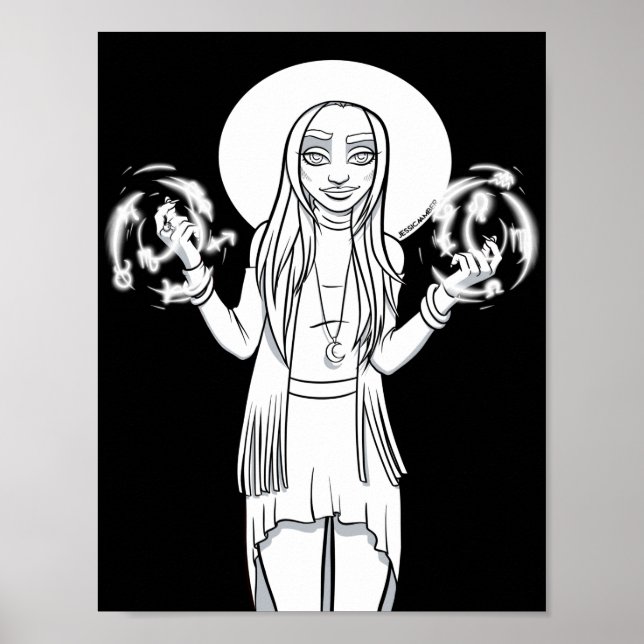Gotische Schwarz-weiße Anime-Hexe-Illustration Poster (Vorne)