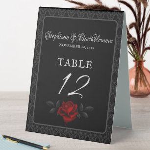 Gotische schwarze Damast-Rosen-Hochzeit Tischaufsteller