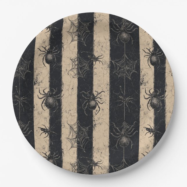 Gotische Spinne und gestreiftes Halloween-Muster Pappteller (Vorderseite)