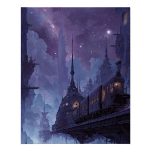 Gotische Türme der Dämmerung in nebliger Nacht Poster