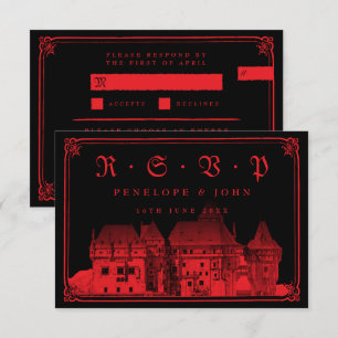 Gotische Vampirburg-Schwarze-Rote-Entrée-Hochzeit RSVP Karte