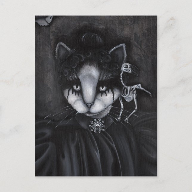 Gotische Viktorianische Skeleton Bird Creepy Cat A Postkarte (Vorderseite)