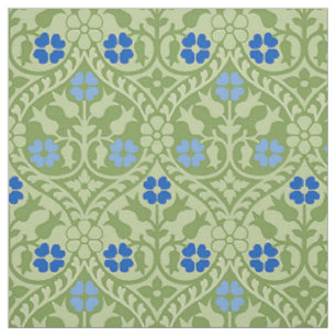 Gotische Wiederbelebung von Blumen, Grün und Blau Stoff