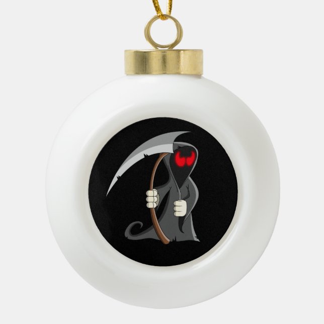 Gotischer Cartoon-grimmiger Sensenmann Halloween Keramik Kugel-Ornament (Vorderseite)