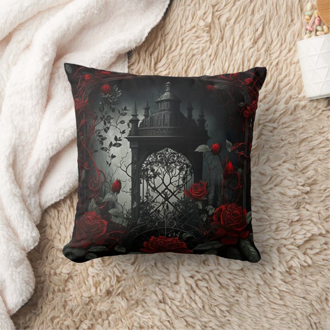 Gotischer Friedhof Rose Garten mit Rot und Schwarz Kissen (Decke)