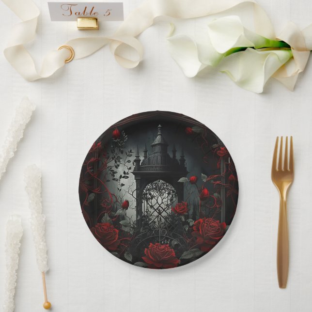 Gotischer Friedhof Rose Garten mit Rot und Schwarz Pappteller (Hochzeit)