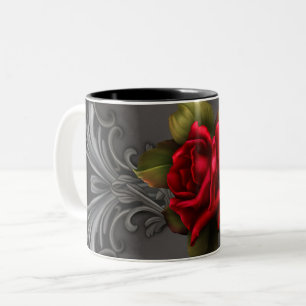 Gotischer Glamour Rote Rose Schwarzer Ornament Gla Zweifarbige Tasse