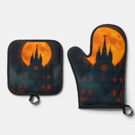 Gotischer Kathedralen-Mond-Halloween-Mitt-Set Ofenhandschuh & Topflappen-Set