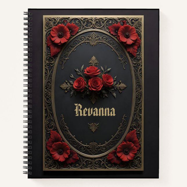 Gotischer Rahmen mit roten Blumen Notizbuch (Vorderseite)