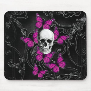 Gotischer Schädel u. lila Schmetterlinge Mousepad