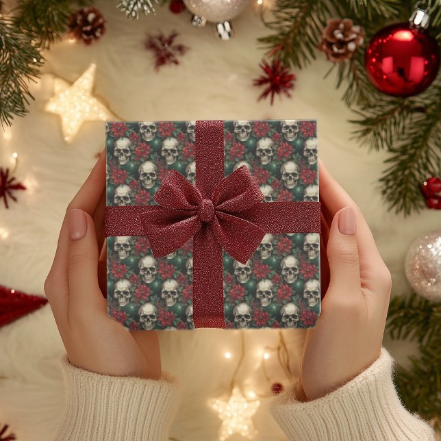 Gotischer Schädel Weihnachtswrapping Papier Skelet (Skull goth Christmas Wrapping Holiday pointsettas)