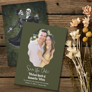 Gotischer Skelett-Tanz Olivgrün Elegante Hochzeit Save The Date