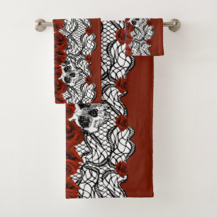 Gotischer Stil, schwarze Spitzen, Skulls und rote Badhandtuch Set
