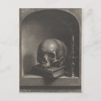 Gotischer Totenkopf auf Buch Postkarte