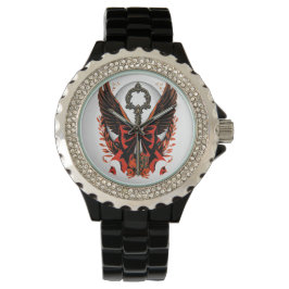 Gotischer Velvet-Bow-Schlüssel mit Flügeln & Mond Armbanduhr