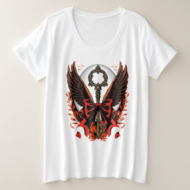 Gotischer Velvet-Bow-Schlüssel mit Flügeln & Mond Große Größe T-Shirt (Design vorne)