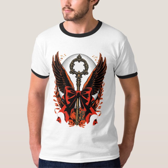 Gotischer Velvet-Bow-Schlüssel mit Flügeln & Mond T-Shirt (Vorderseite)