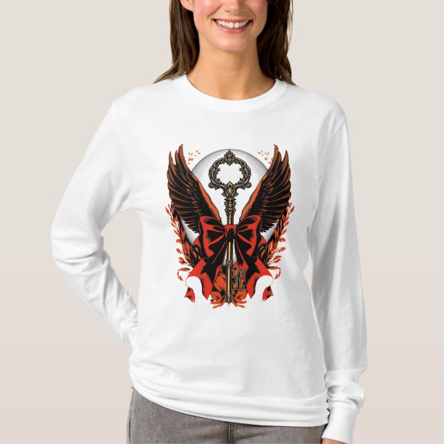 Gotischer Velvet-Bow-Schlüssel mit Flügeln & Mond T-Shirt (Vorderseite)